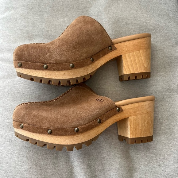 UGG Shoes - UGG Judi Suede Tan Slip On Mules Clogs with Heel Size 7
